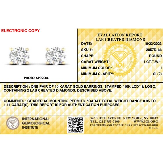 10K Solid Gold 1 CT. T.W. Lab-Grown Diamond Solitaire Studs