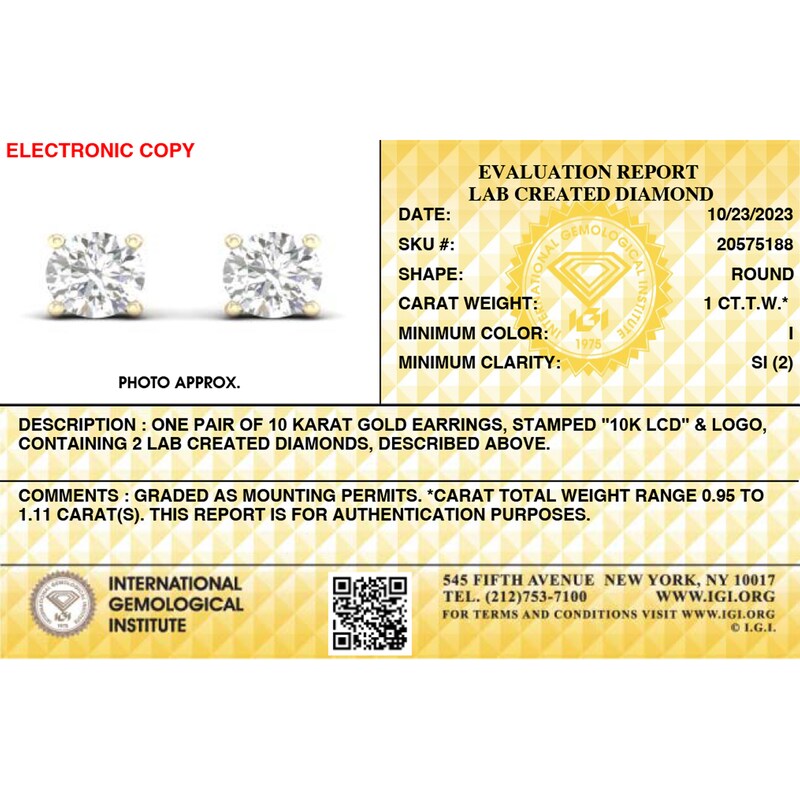 Main Image 6 of 10K Gold 1 CT. T.W. Lab-Grown Diamond Studs