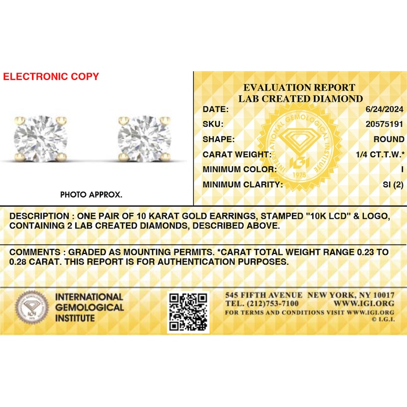 Main Image 4 of 10K Gold 1/4 CT. T.W. Lab-Grown Diamond Studs