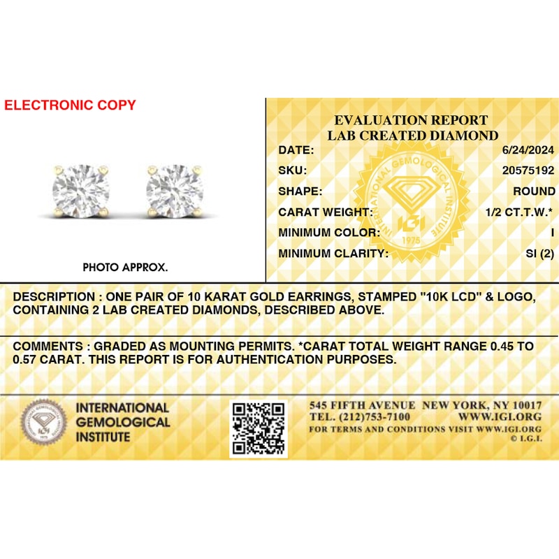 Main Image 6 of 10K Gold 1/2 CT. T.W. Lab-Grown Diamond Studs