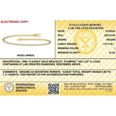 ​​​​​​​​​​​​​​​​​​​​​10K Solid Gold 1 CT. T.W. Lab-Grown Diamond Tennis Bracelet - 7"