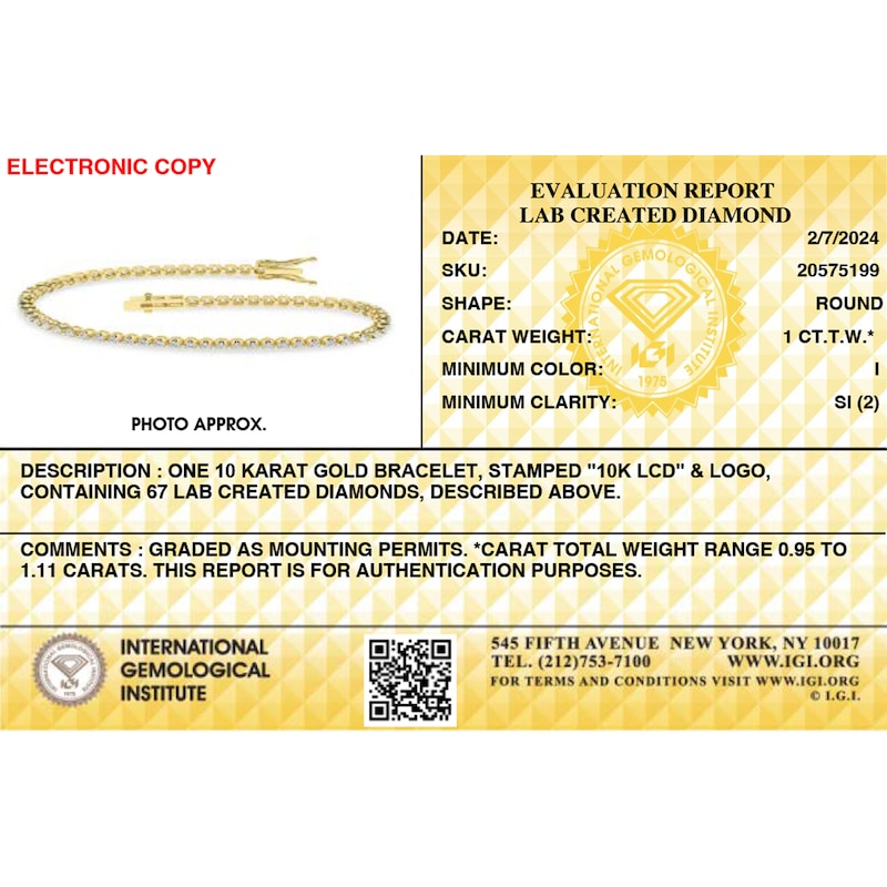 Main Image 3 of ​​​​​​​​​​​​​​​​​​​​​10K Solid Gold 1 CT. T.W. Lab-Grown Diamond Tennis Bracelet - 7"