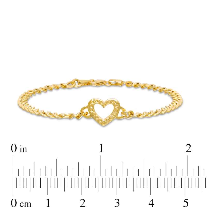 14K Hollow Gold Textured Heart Outline Curb Chain Bracelet - 7.5"