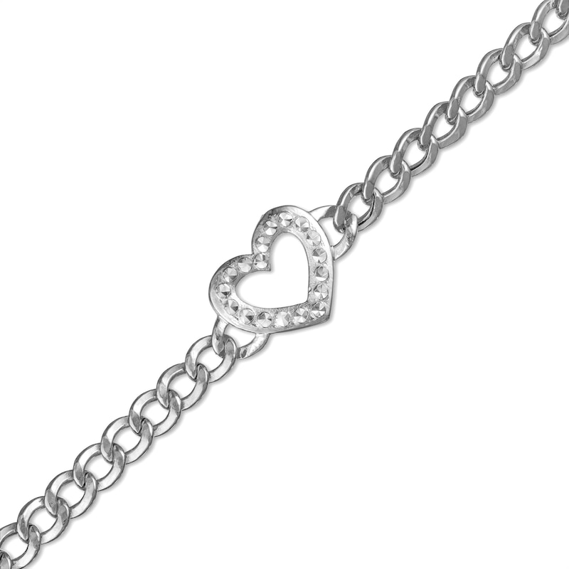 10K Hollow White Gold Textured Heart Outline Curb Chain Bracelet - 7.5"