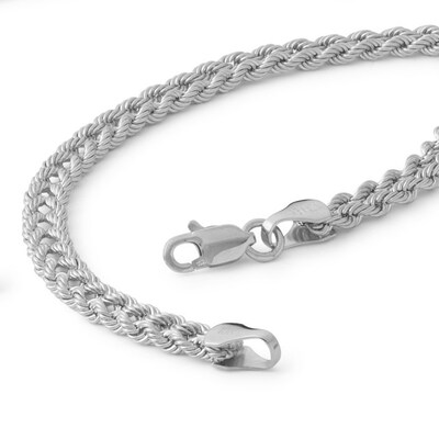 10K Hollow White Gold Double Row Rope Chain Bracelet - 7.5"