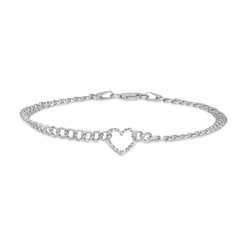 10K Hollow White Gold Diamond-Cut Heart Chain Bracelet - 7.5"