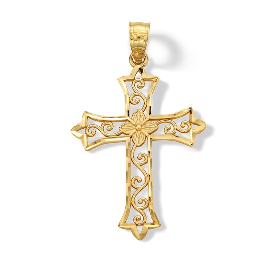 14K Solid Gold Diamond-Cut Swirl Cross Charm