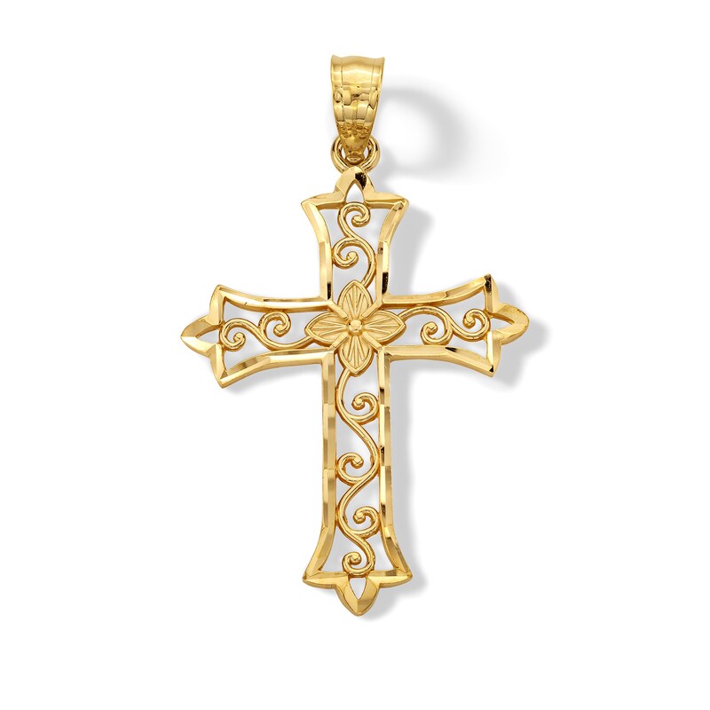 14K Solid Gold Diamond-Cut Swirl Cross Charm