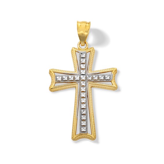 14K Solid Gold Diamond-Cut Cross Two-Tone Charm