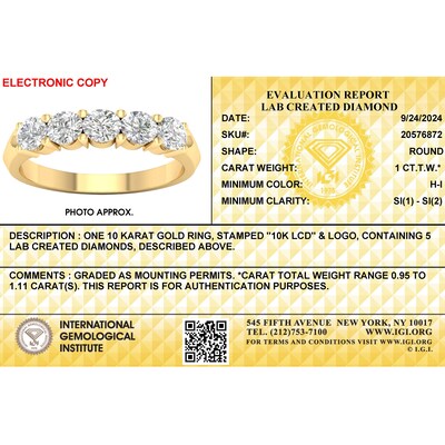 10K Solid Gold 1 CT. T.W. Lab-Grown Diamond Five Stone Ring