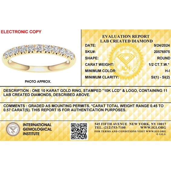 10K Solid Gold 1/ CT. T.W. Lab-Grown Diamond Anniversary Band