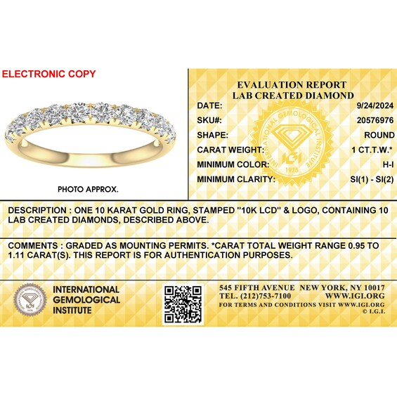 ​​​​​​​​​​​​​​​​​​​​​10K Solid Gold 1 CT. T.W. Lab-Grown Diamond Anniversary Band