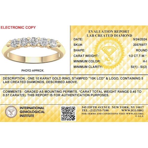 10K Solid Gold 1/ CT. T.W. Lab-Grown Diamond Five Stone Ring