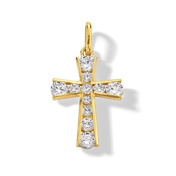 14K Solid Gold CZ Graduated Stone Cross Charm