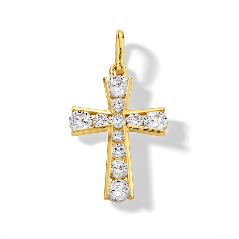 14K Solid Gold CZ Graduated Stone Cross Charm