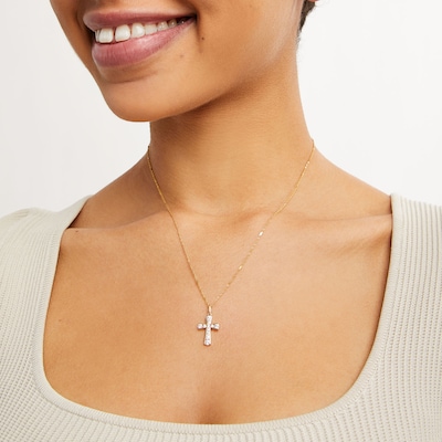14K Solid Gold CZ Graduated Stone Cross Charm