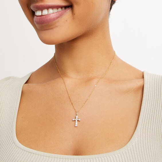 14K Solid Gold CZ Graduated Stone Cross Charm