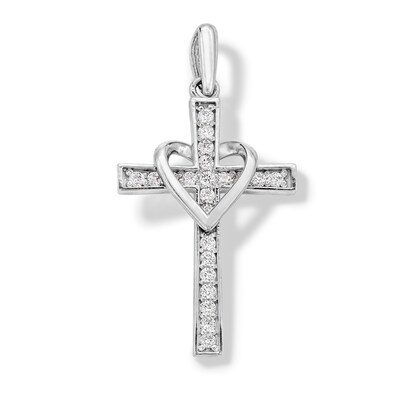 10K Solid White Gold CZ Cross with Heart Charm