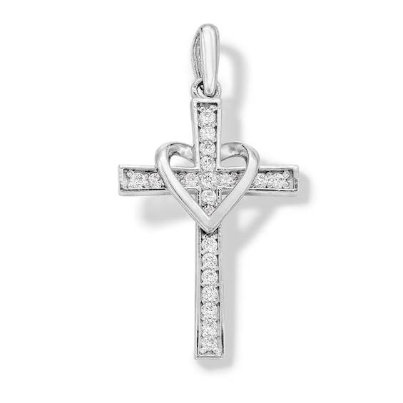 10K Solid White Gold CZ Cross with Heart Charm