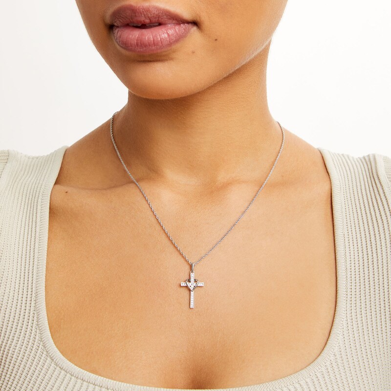 Main Image 2 of 10K Solid White Gold CZ Cross with Heart Charm