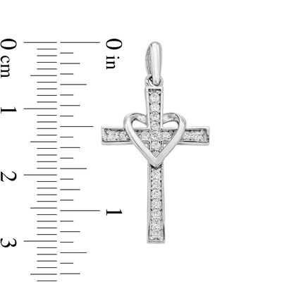 10K Solid White Gold CZ Cross with Heart Charm