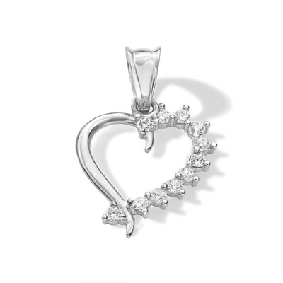 10K Solid White Gold CZ Half-Stone Heart Necklace Charm