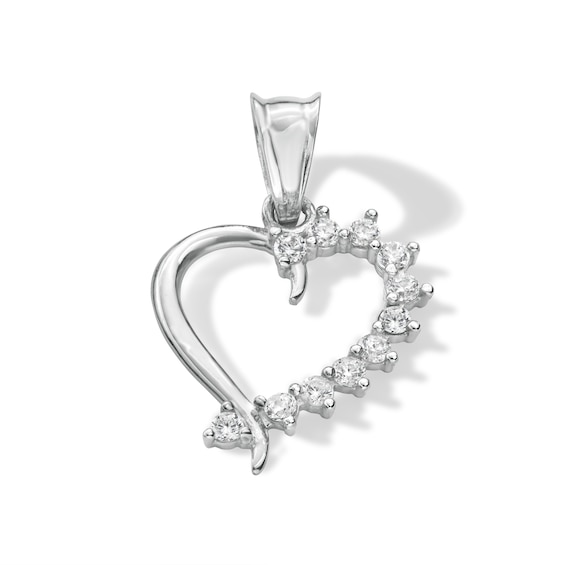 10K Solid White Gold CZ Half-Stone Heart Necklace Charm