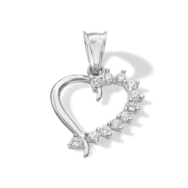 10K Solid White Gold CZ Half-Stone Heart Necklace Charm