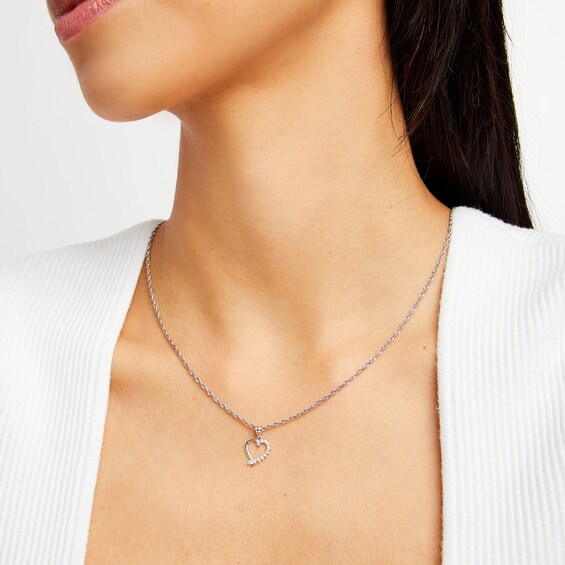 10K Solid White Gold CZ Half-Stone Heart Necklace Charm