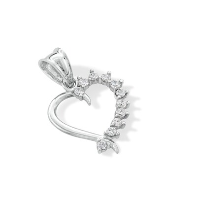 10K Solid White Gold CZ Half-Stone Heart Necklace Charm