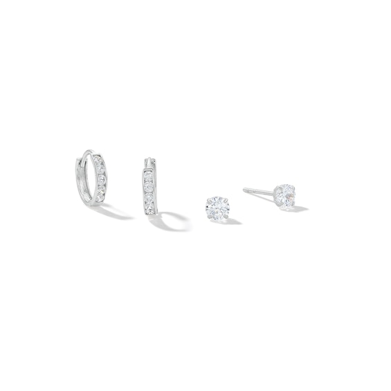 10K Solid White Gold CZ Studs and Huggies Set