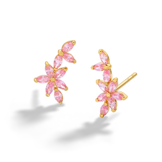 10K Solid Gold CZ Pink Flower Cluster Studs