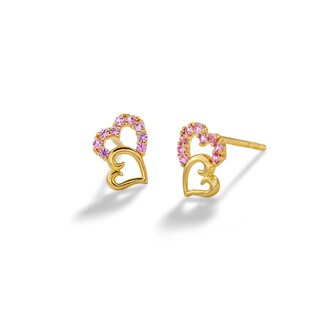 10K Solid Gold CZ Pink Double Heart Studs