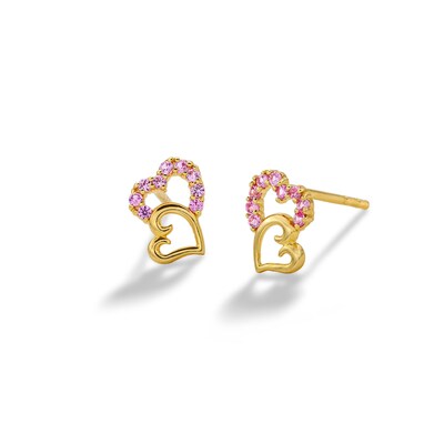 10K Solid Gold CZ Pink Double Heart Studs