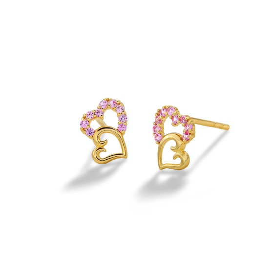 10K Solid Gold CZ Pink Double Heart Studs