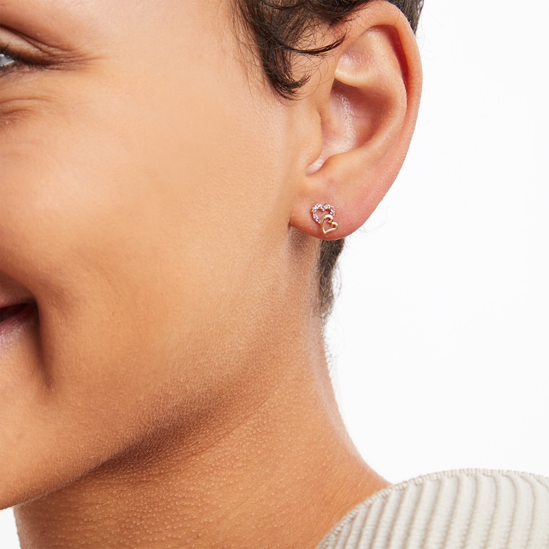 Main Image 2 of 10K Solid Gold CZ Pink Double Heart Studs