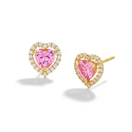 ​​​​​​​14K Solid Gold CZ Pink Heart Halo Studs