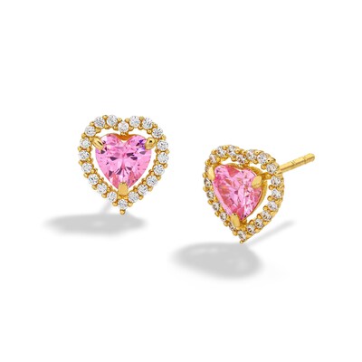 14K Gold Pink CZ Heart Studs