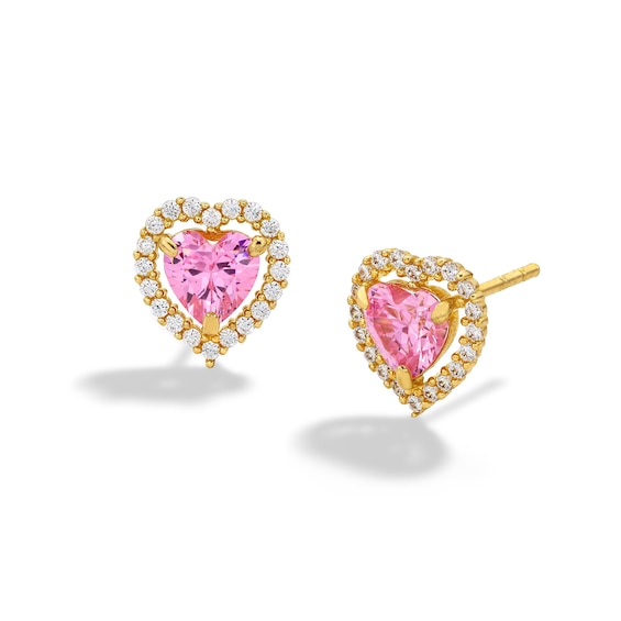 ​​​​​​​14K Solid Gold CZ Pink Heart Halo Studs