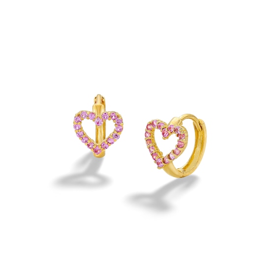 10K Solid Gold CZ Pink Open Heart Huggies