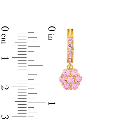 ​​​​​​​10K Solid Gold CZ Pink Flower Dangle Huggies