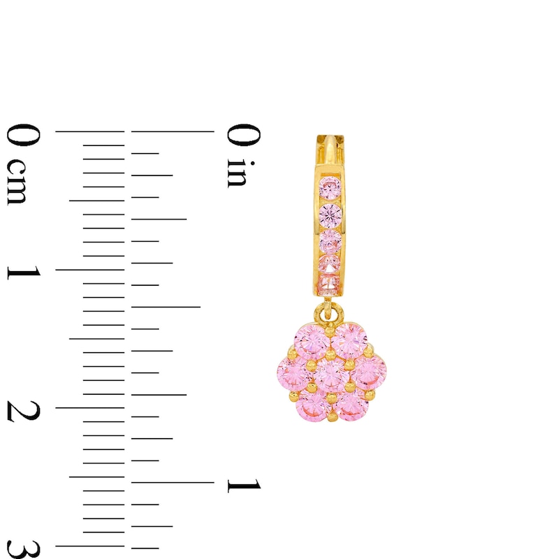 ​​​​​​​10K Solid Gold CZ Pink Flower Dangle Huggies