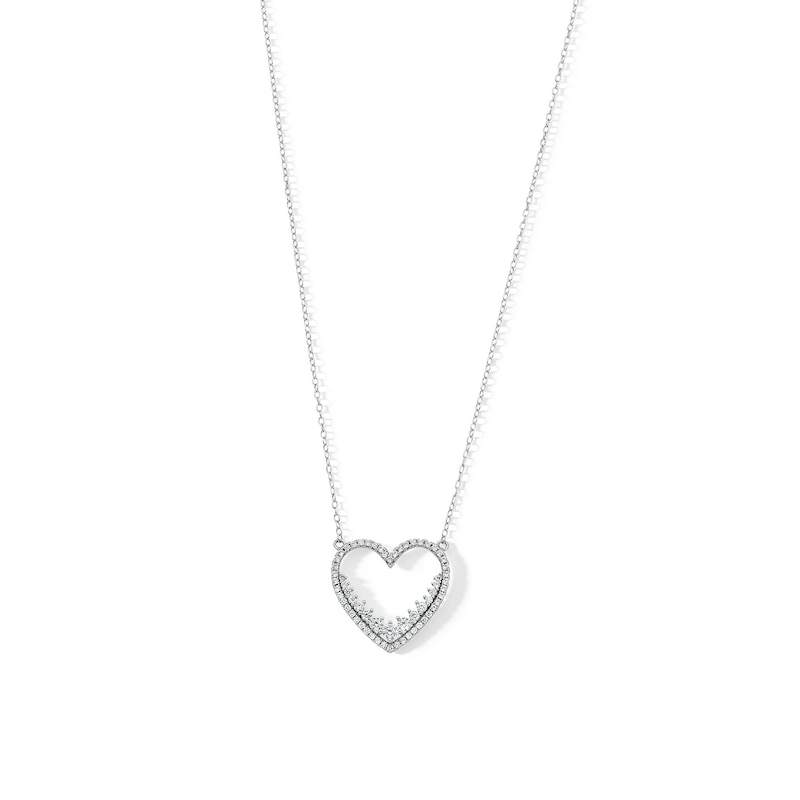 Solid Sterling Silver CZ Open Heart Pendant Necklace - 16" + 2"