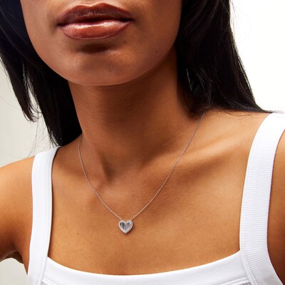 Solid ​​​​​​​Sterling Silver CZ Baguette Heart Pendant Necklace - 16" + 2"