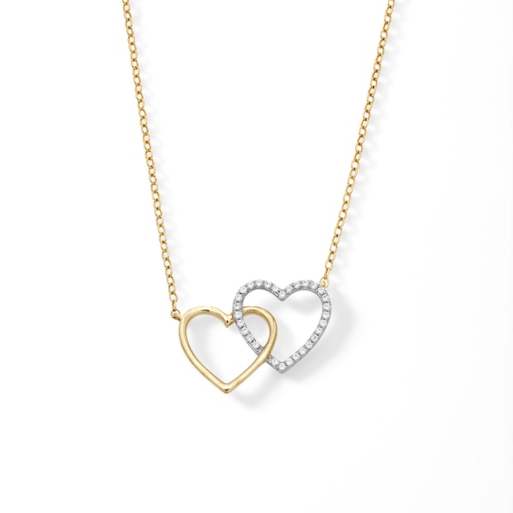 10K Solid Gold 1/10 CT. T.W. Diamond Double Heart Necklace