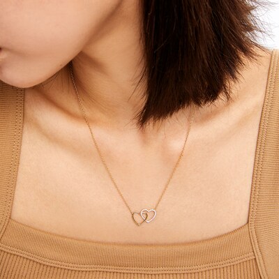 10K Solid Gold 1/10 CT. T.W. Diamond Double Heart Necklace