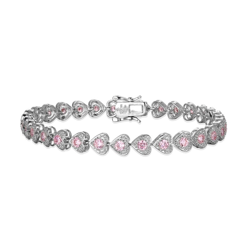 Main Image 1 of ​​​​​​​Sterling Silver Pink CZ Heart Bracelet - 7.5&quot;