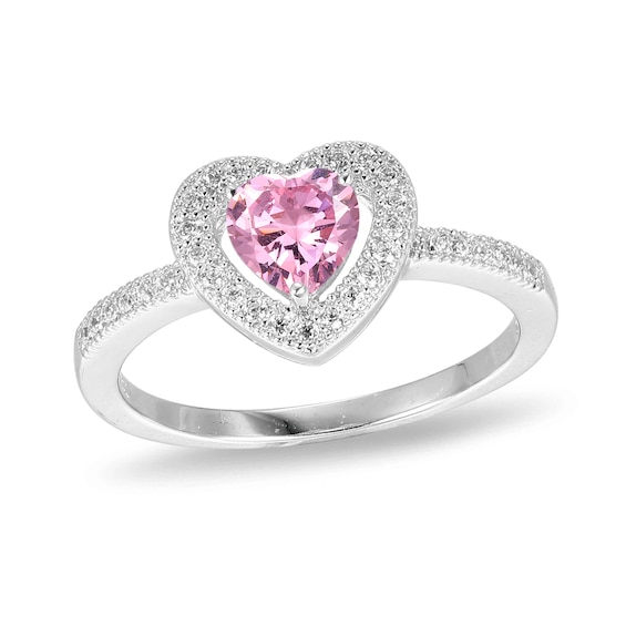 ​​​​​​​Sterling Silver Pink CZ Heart Halo Ring - Size 7