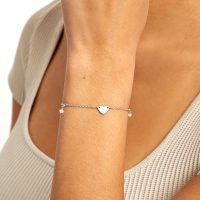 ​​​​​​​Sterling Silver Pink Glass Bead Heart Bracelet