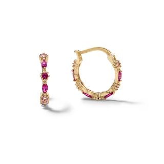 10K Solid Gold Pink CZ and Synthetic Ruby Ombré Huggies